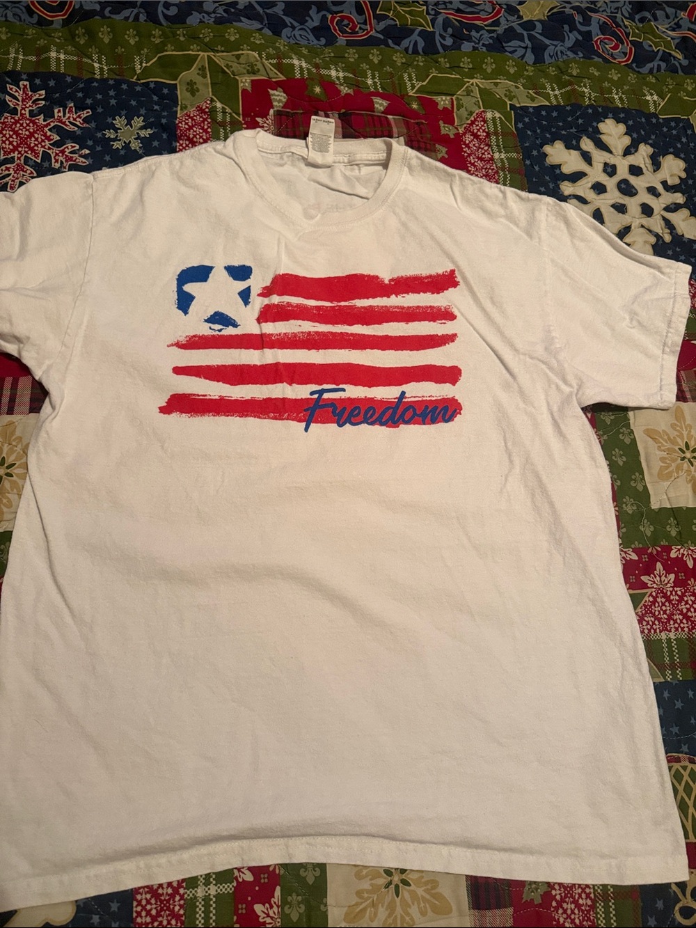 Freedom Graphic White Men's T-Shirt with Red & Blue Flag Print